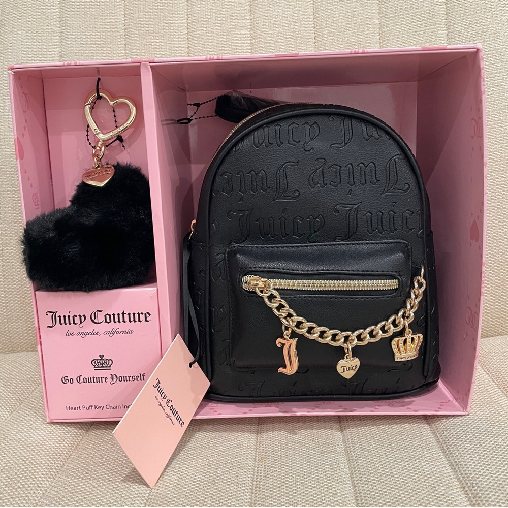 NEW Juicy Couture Black DeBoss Logo Mini Backpack & Heart Puff Keychain Gift Set
